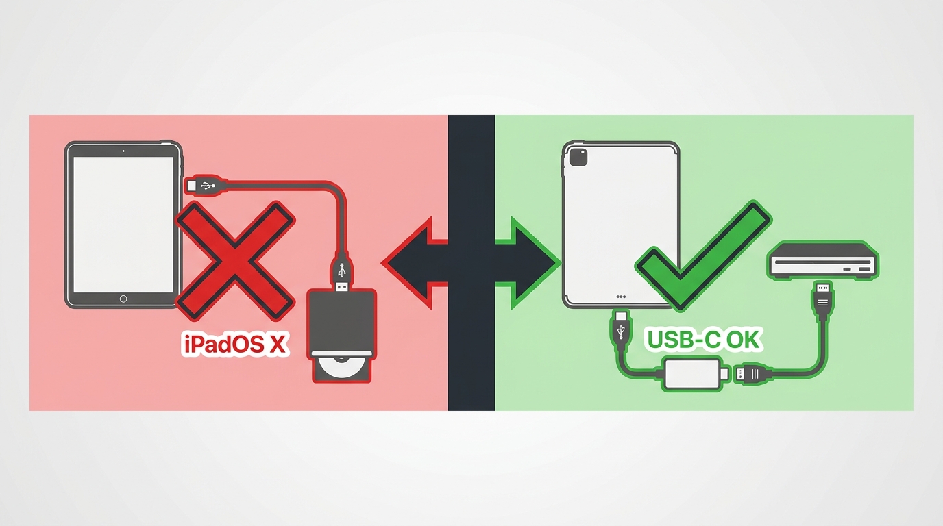 比較:USB DVD 光碟機連接到 iPad(不支援)與 DVD 播放器透過 HDMI 擷取卡連接