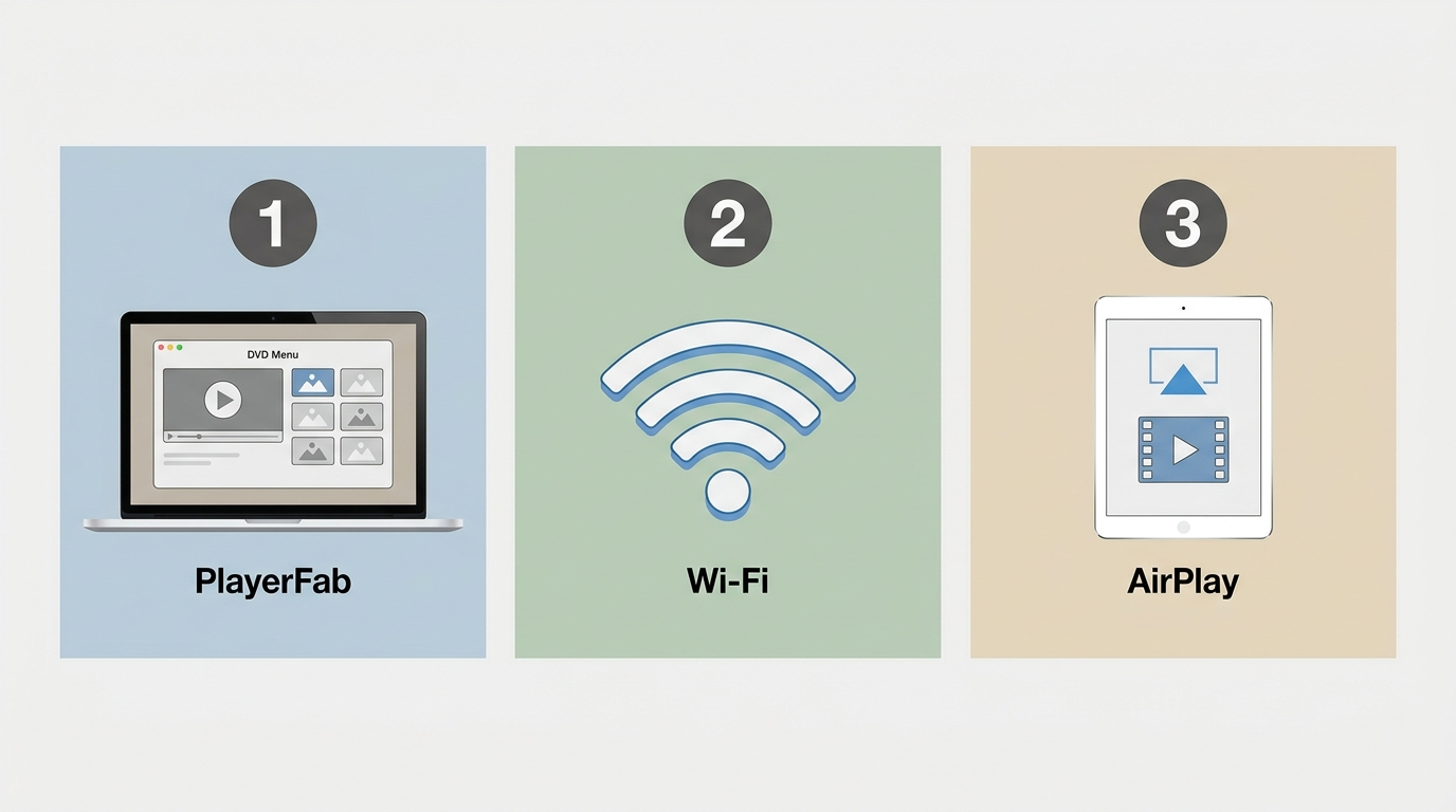 AirPlay 工作流程:MacBook 運行 PlayerFab,透過 Wi-Fi 將 DVD 播放串流到 iPad