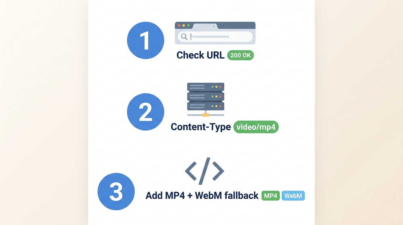 Server-side checklist: verify src URL returns 200, set correct MIME type video/mp4, and add MP4/WebM