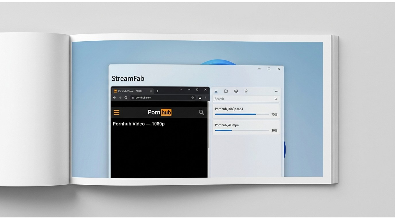 StreamFab Pornhub Downloader app showing built-in browser with Pornhub loaded and a 1080p download i