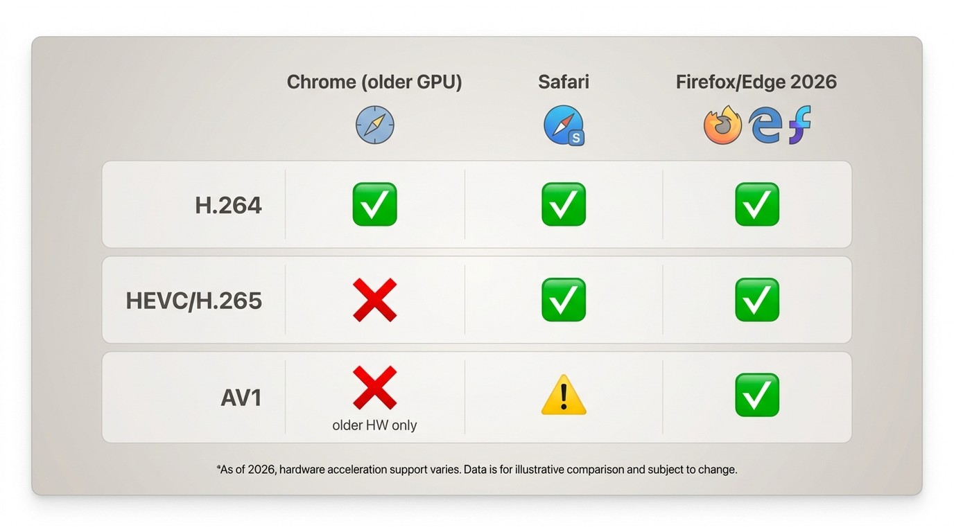 Codec support comparison: H.264, HEVC, AV1 across Chrome, Safari, and Firefox/Edge in 2026