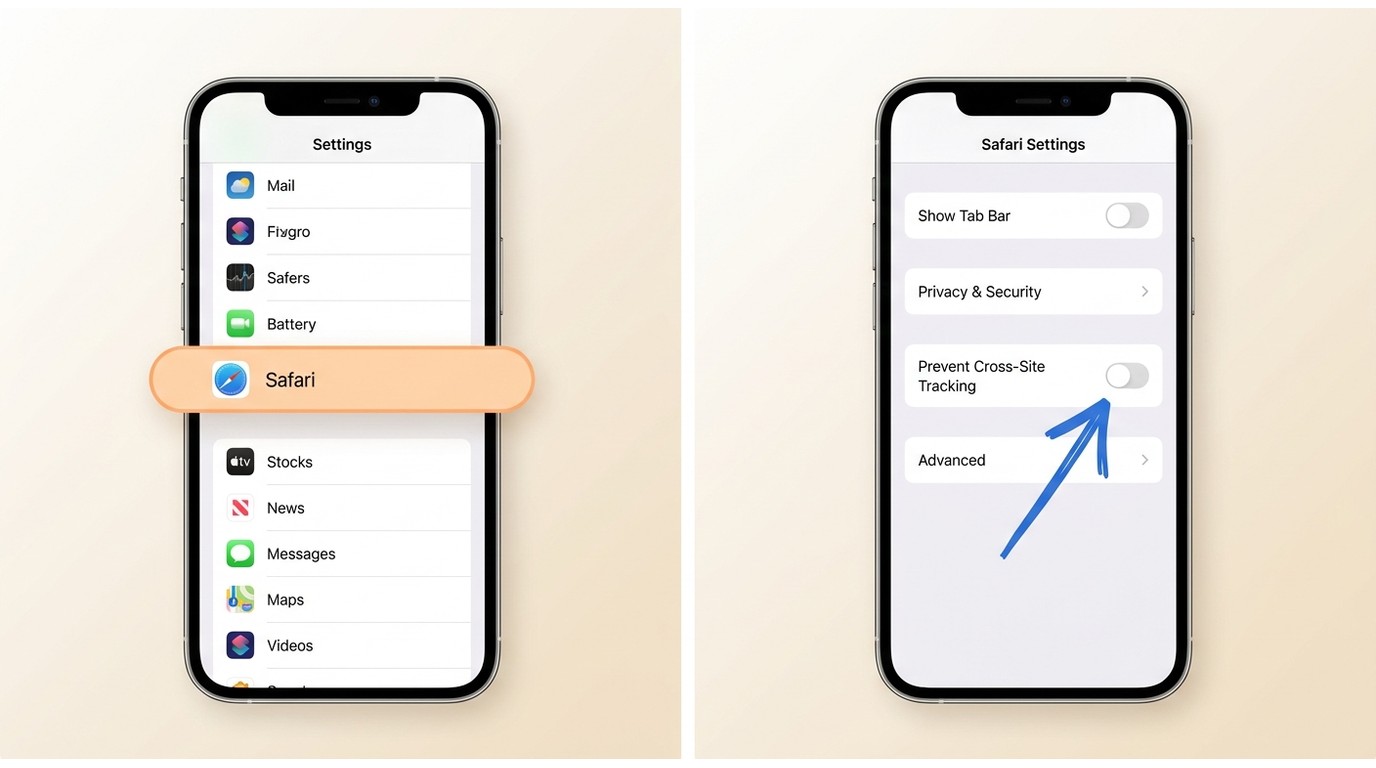 iPhone Safari Settings with Prevent Cross-Site Tracking toggle turned off to fix HTML5 video auth bl