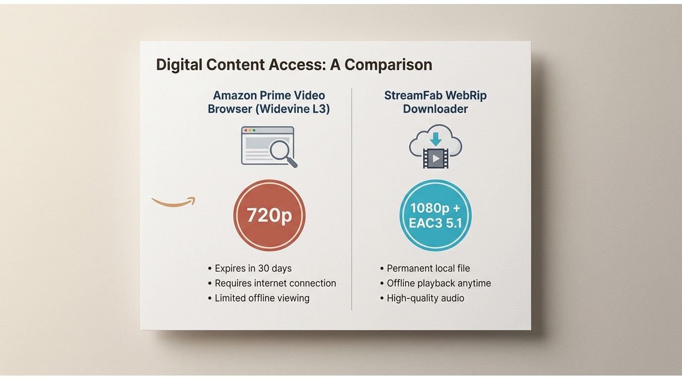 Amazon Prime Video browser limited to 720p via Widevine L3 vs StreamFab WebRip delivering true 1080p