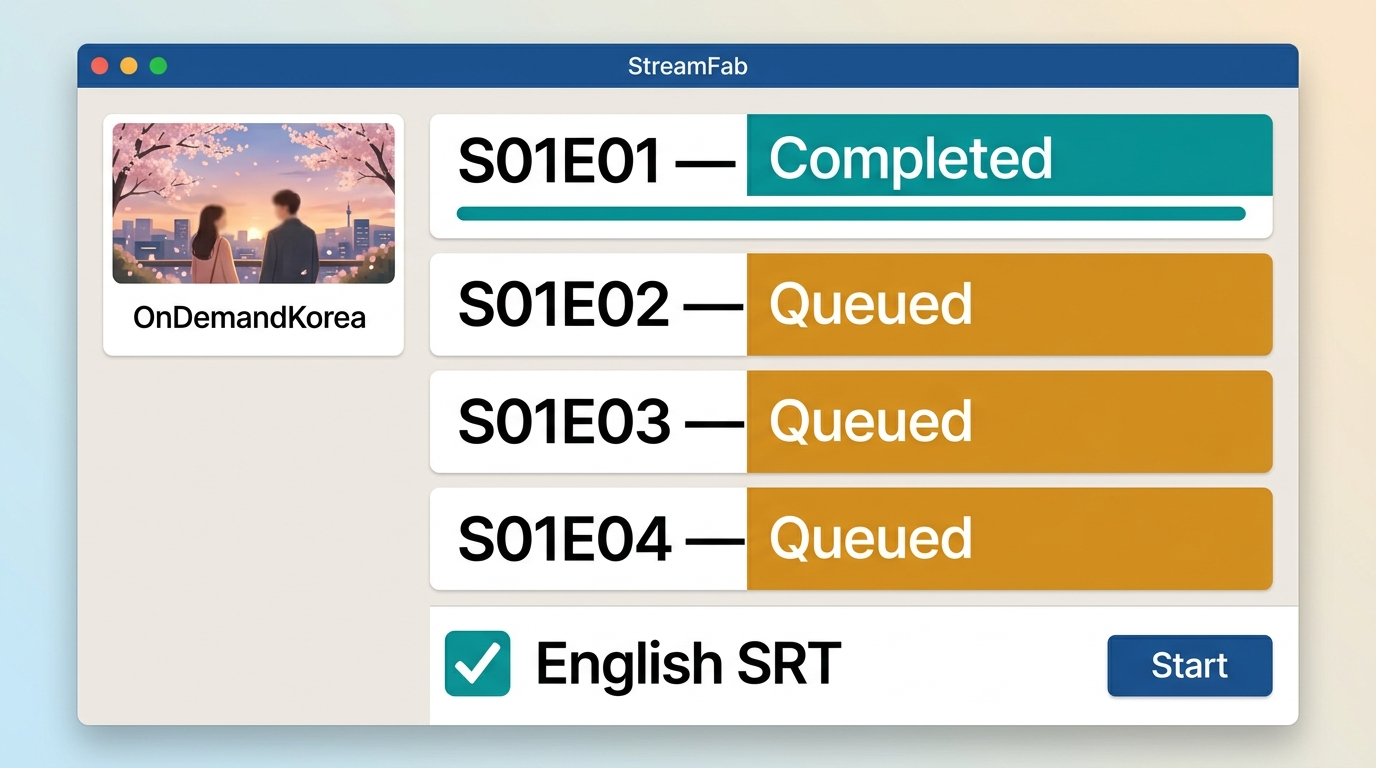 StreamFab queue for OnDemandKorea episodes with English SRT subtitles and a completed test file