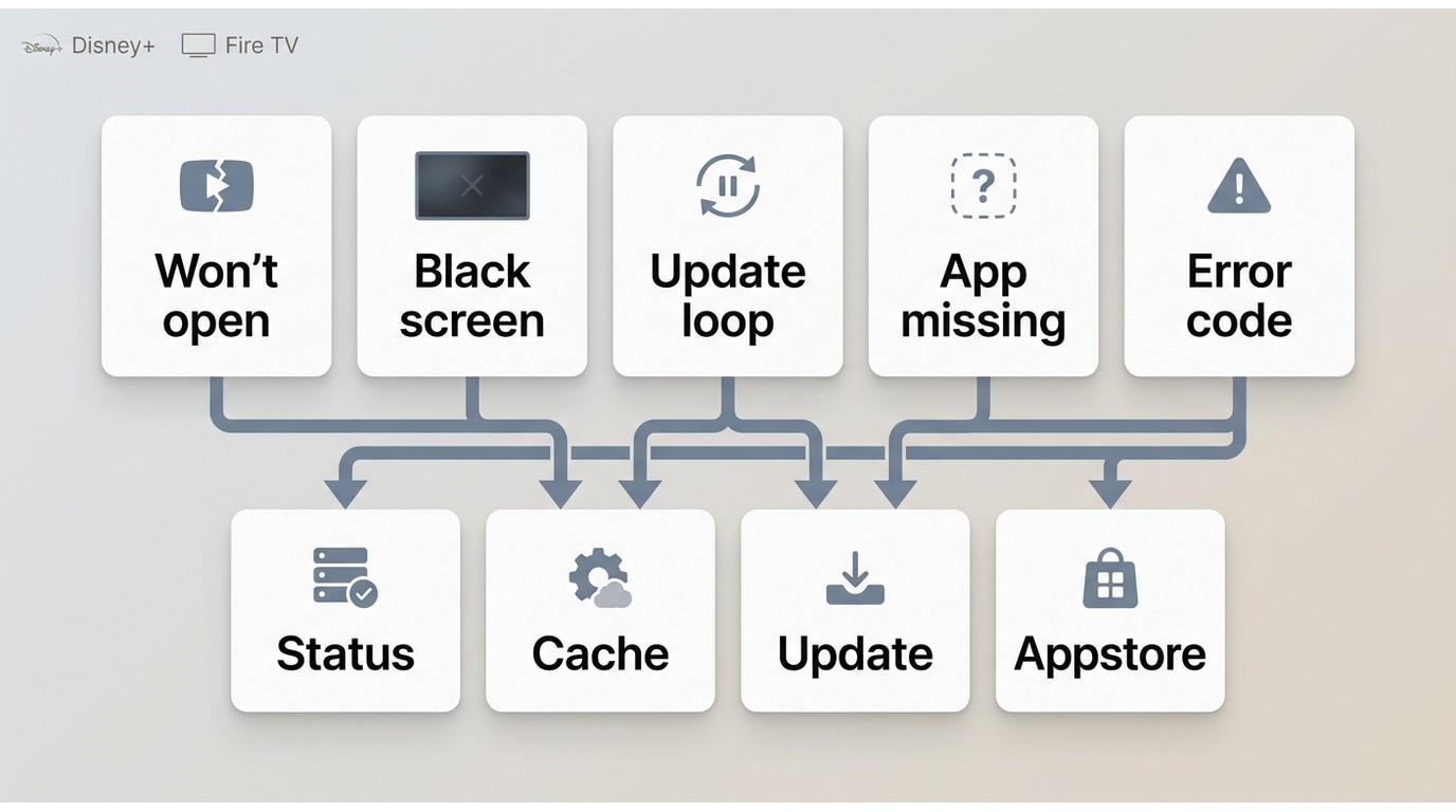 Disney+ on Fire TV symptom paths from launch failures and black screens to the first fix