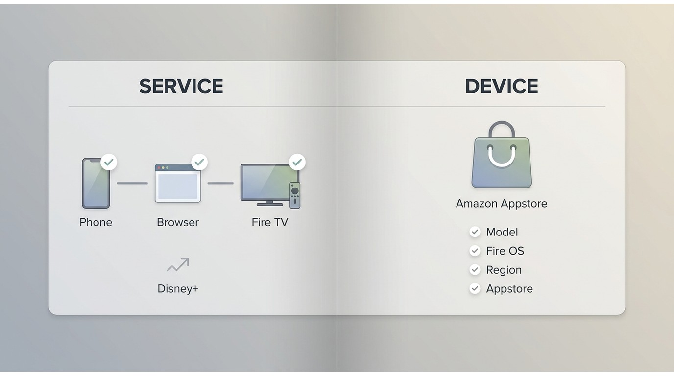 Checks for Disney+ outage, Fire TV support, region, and Amazon Appstore availability