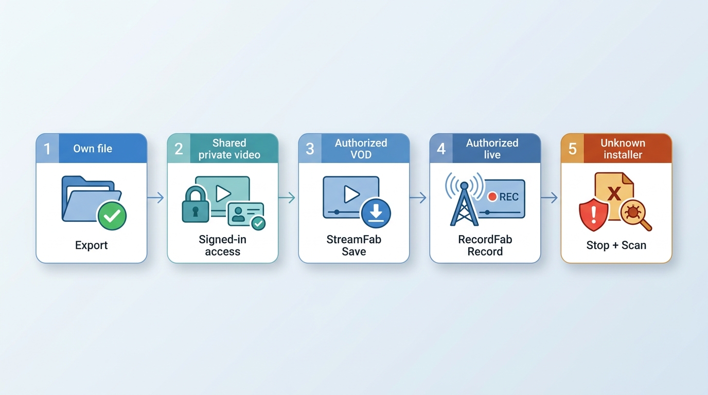 Five private-video access states with export, StreamFab, RecordFab, and stop options
