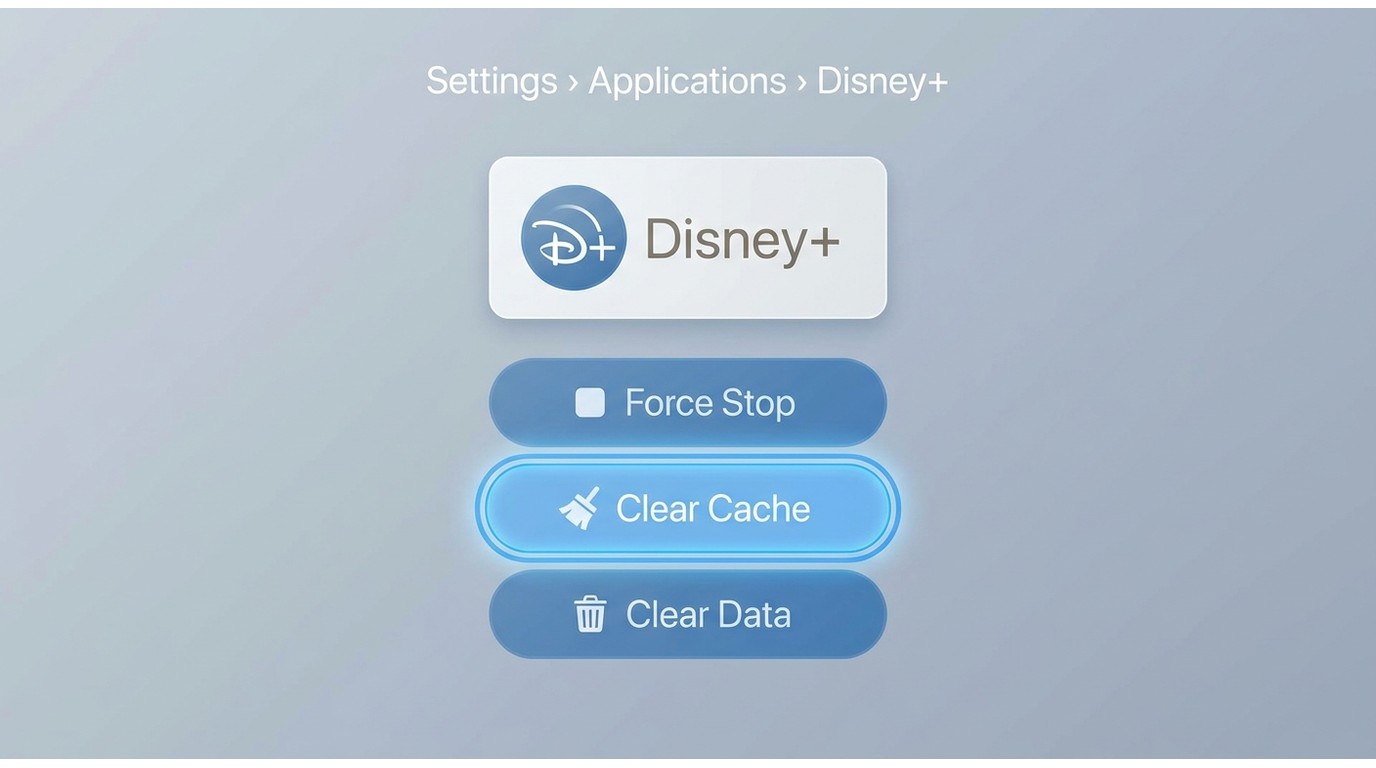 Fire TV Disney+ app controls for force stop, cache clearing, and data reset