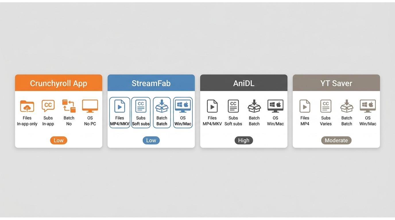 Crunchyroll, StreamFab, AniDL, and YT Saver compared by files, subtitles, and difficulty