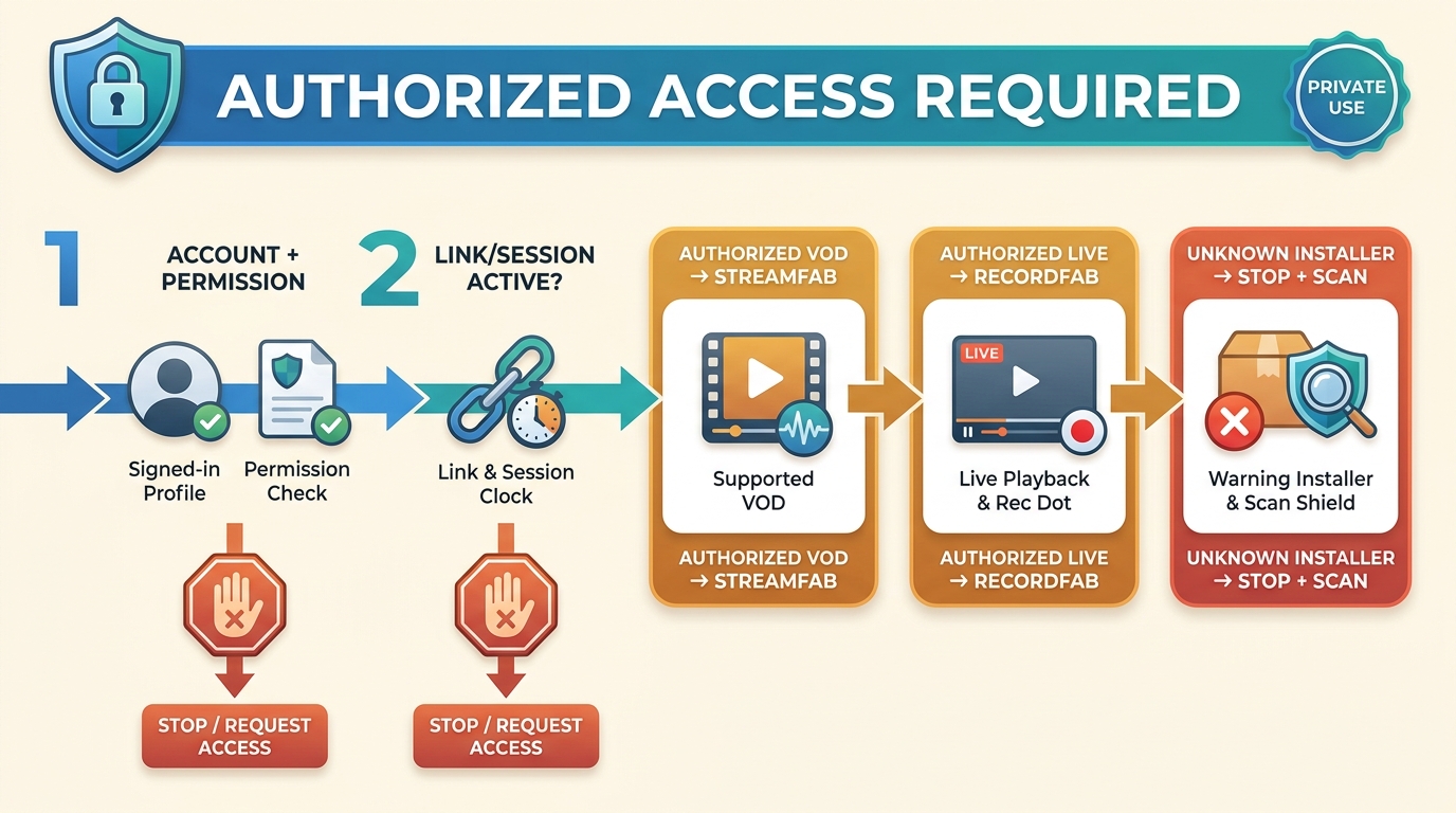 Private-link checks leading to StreamFab, RecordFab, or malware scanning