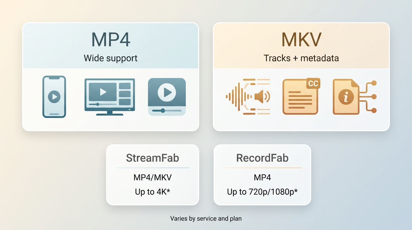 MP4 and MKV compared across compatibility, tracks, StreamFab output, and RecordFab quality
