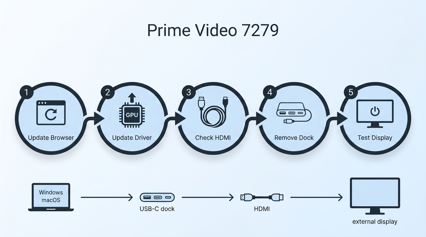 Prime Video Error 7279 checks for browsers, drivers, cables, docks, and external displays