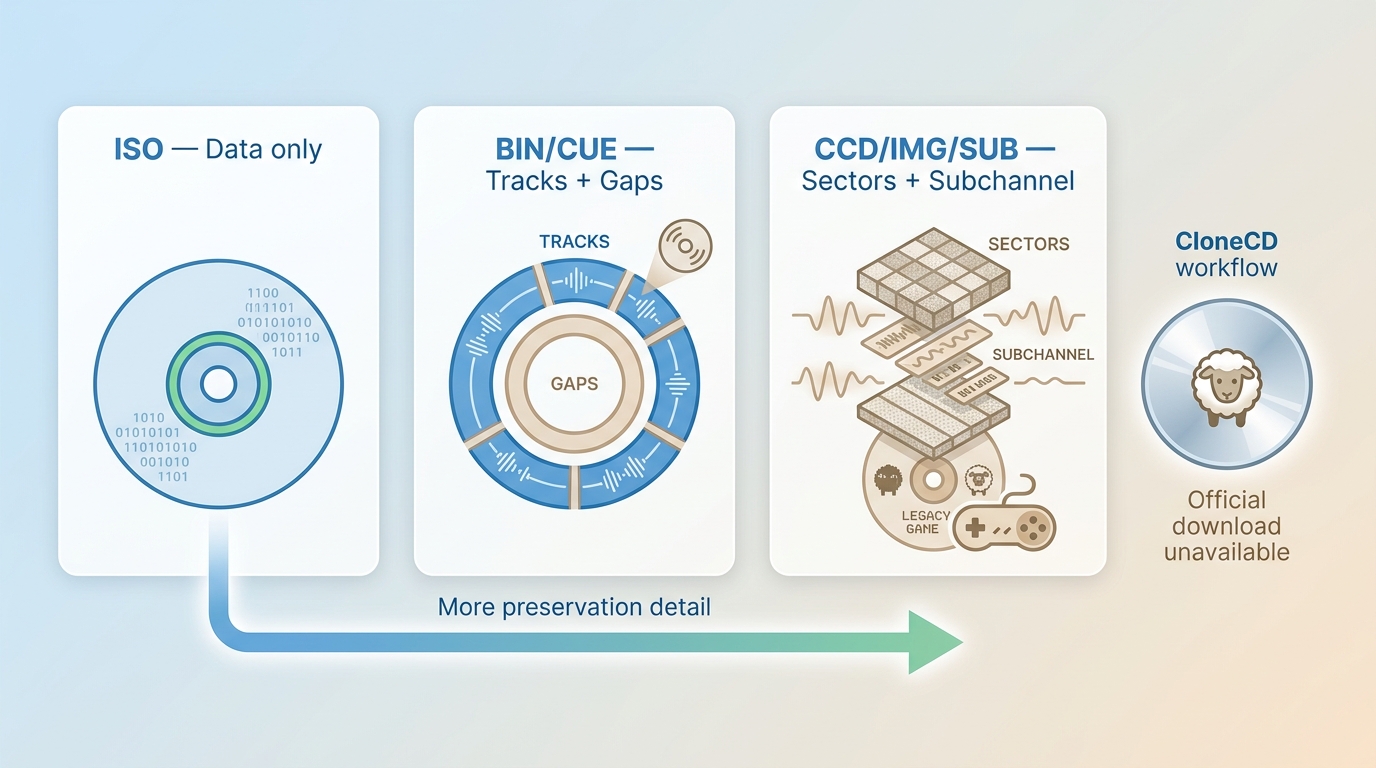 ISO, BIN/CUE, and CCD/IMG/SUB compared by disc data and preservation detail