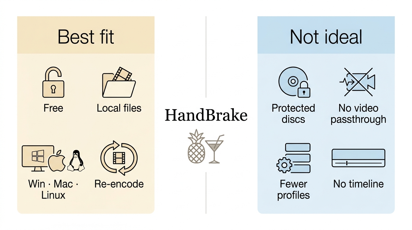 Who HandBrake fits for free transcoding and where its disc workflow falls short