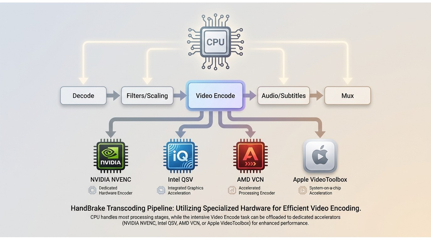 HandBrake pipeline showing GPU video encoding while the CPU handles filters, audio, and muxing