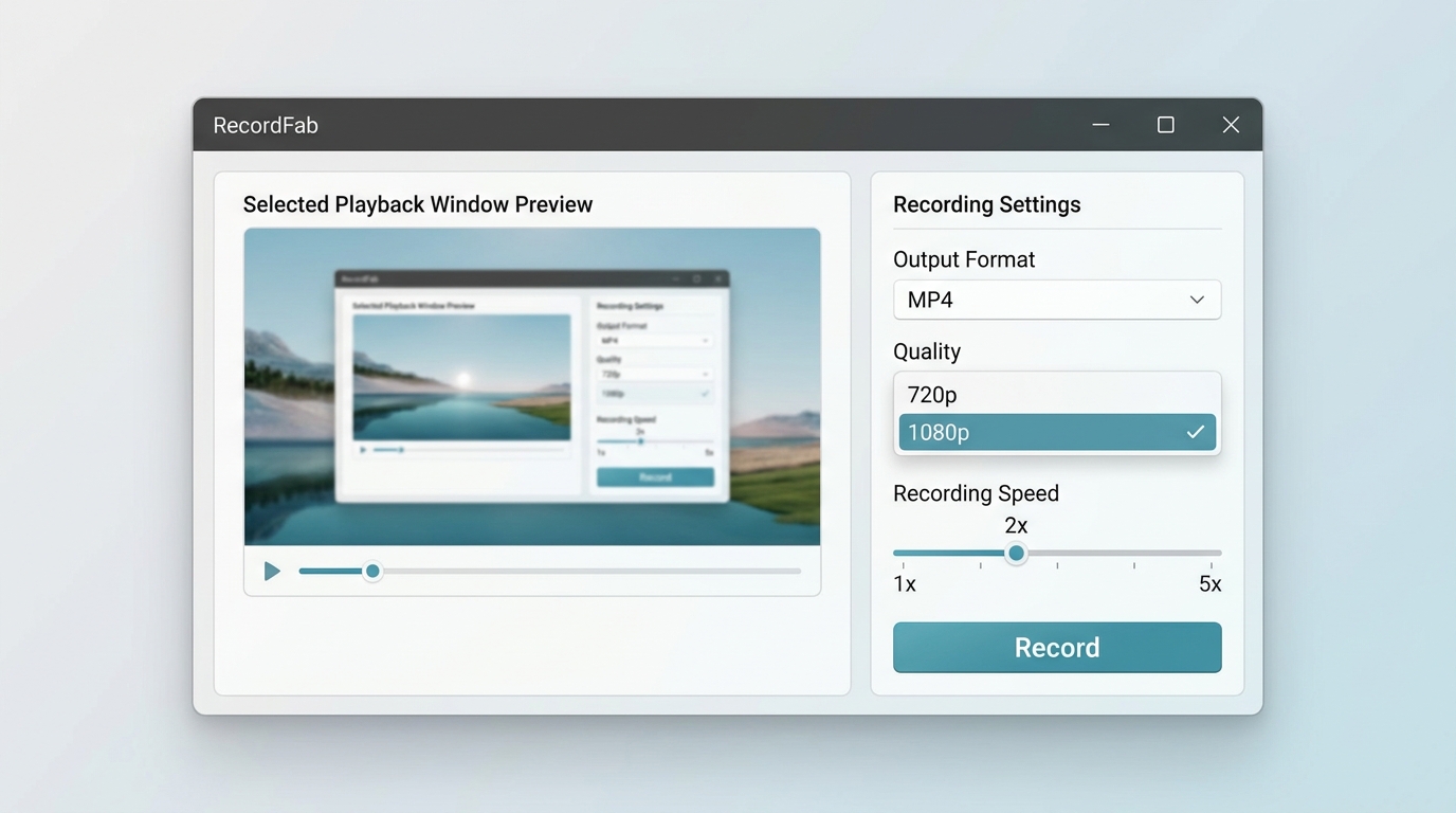 RecordFab settings for MP4 output, 1080p quality, and adjustable recording speed on Windows