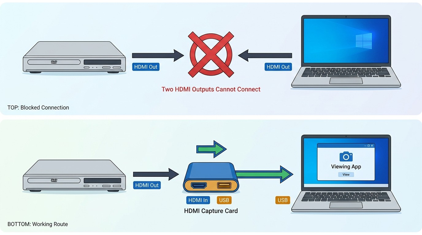 Why laptop HDMI cannot receive DVD player output without an HDMI capture card