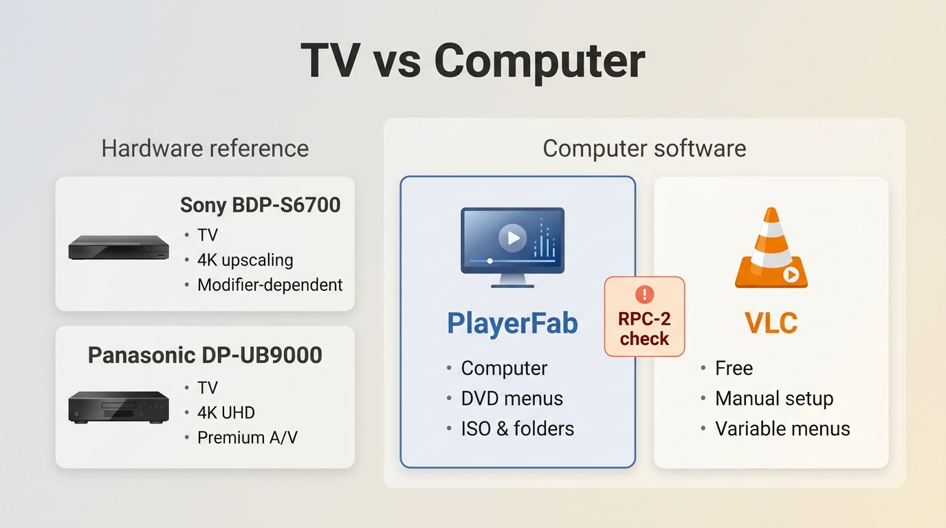 Comparison of Sony, Panasonic, PlayerFab, and VLC for region-free DVD playback