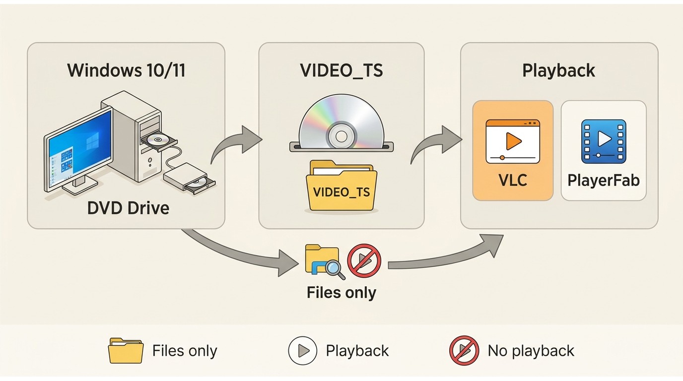 Windows 10/11 DVD playback requires a drive, readable disc, and VLC or PlayerFab