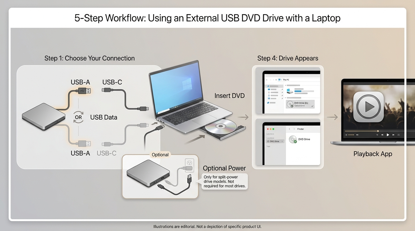 External USB DVD drive connected to Windows and macOS for direct disc access