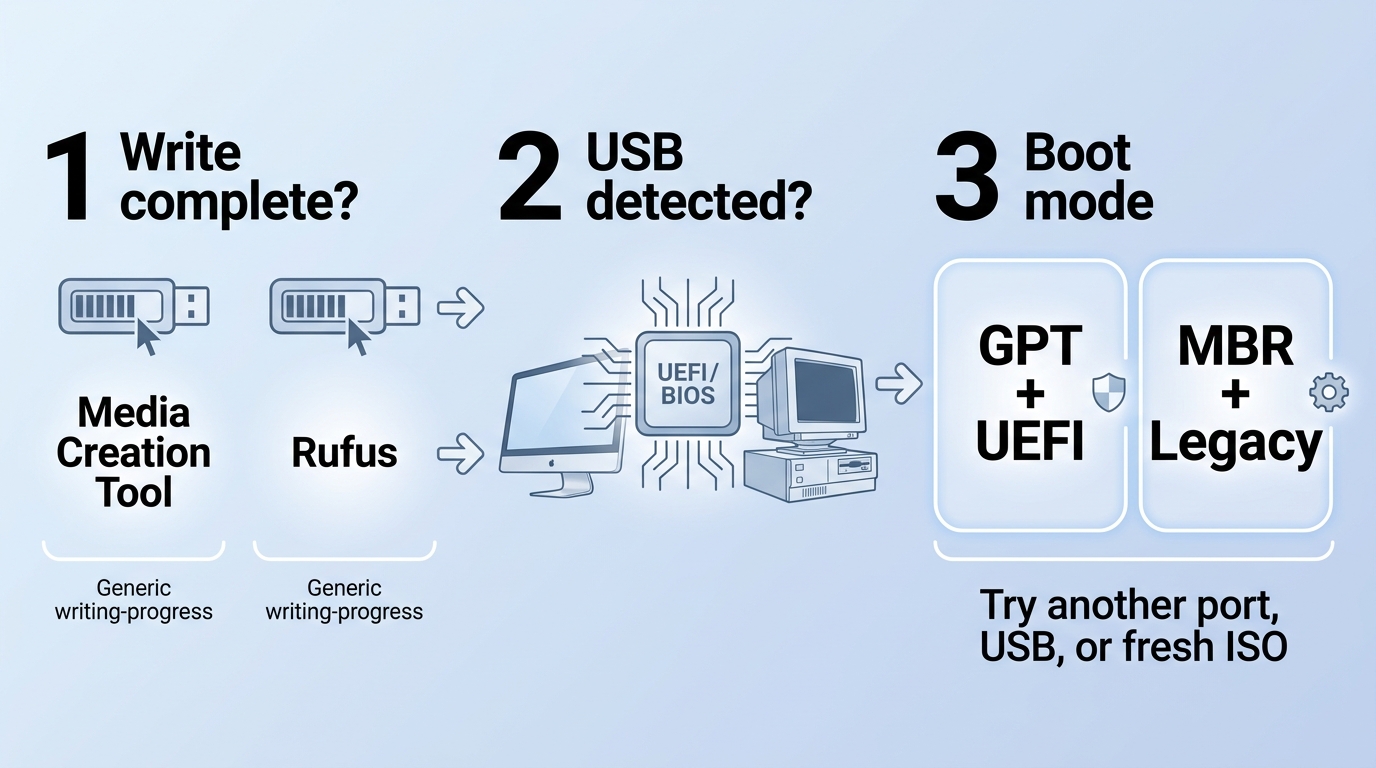 Bootable Windows USB checks for writing, firmware detection, and GPT or MBR mode