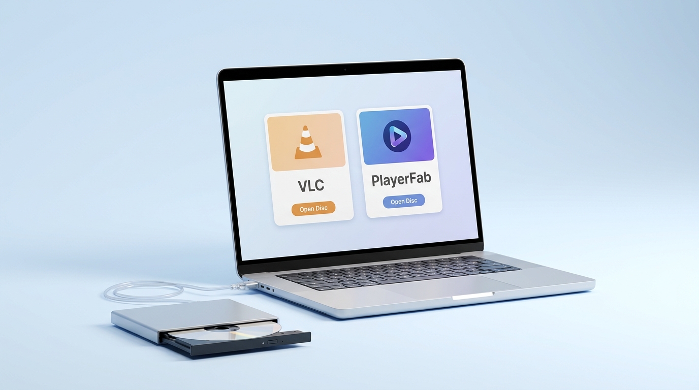 External USB DVD drive connected to a laptop and opened in VLC or PlayerFab