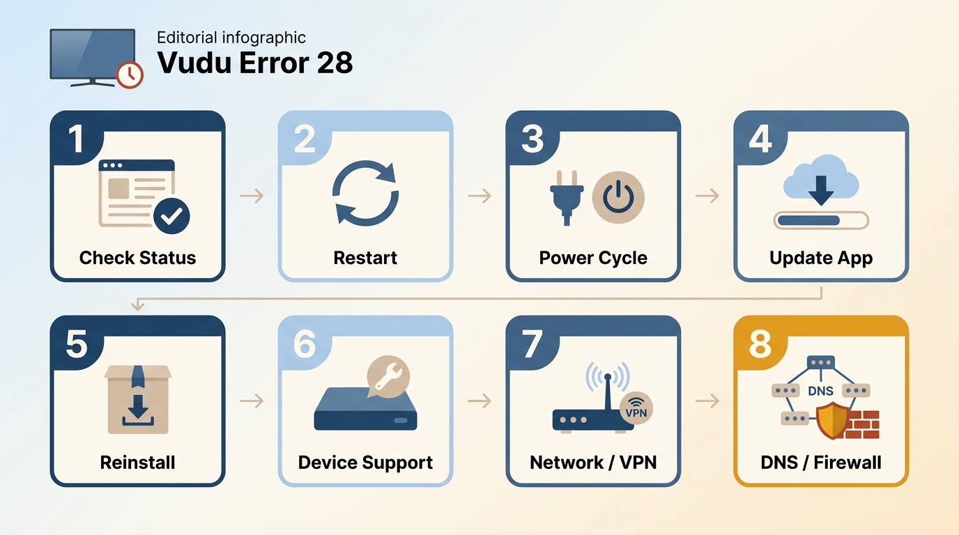 Eight Vudu Error Code 28 fixes from device checks to DNS and firewall changes