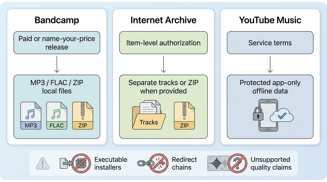 How Bandcamp, Internet Archive, and YouTube Music differ in authorization and file delivery