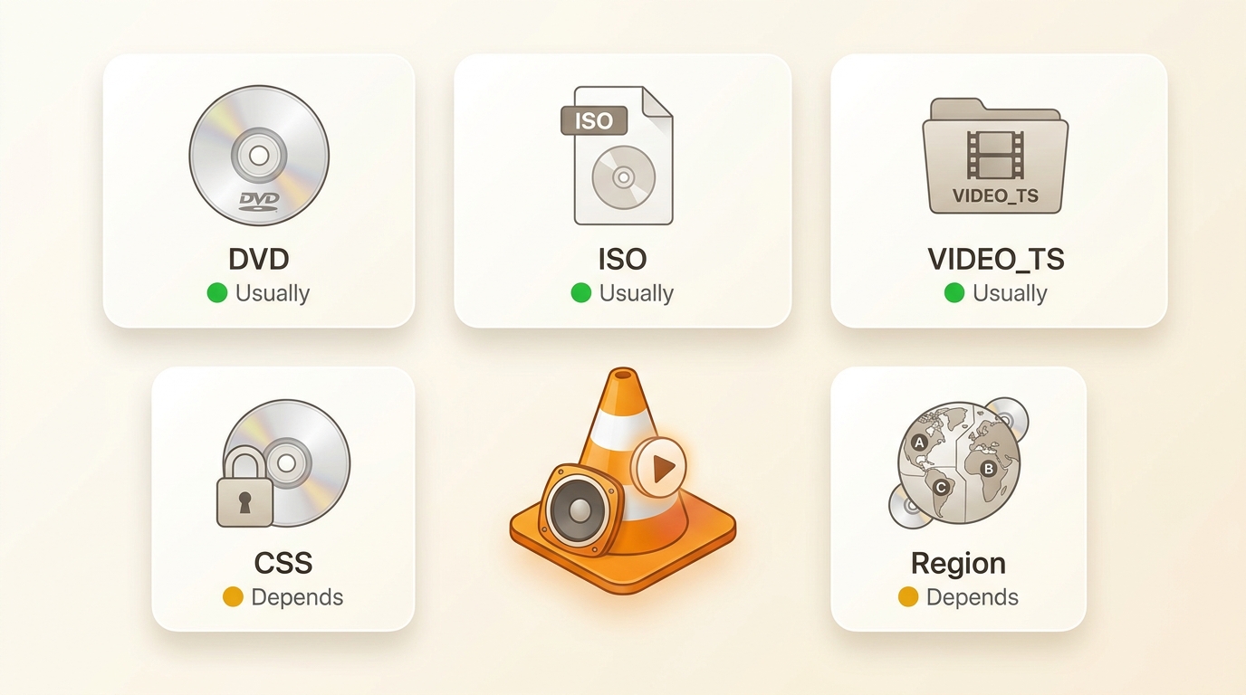 VLC compatibility across DVDs, ISO, VIDEO_TS, CSS, and region restrictions