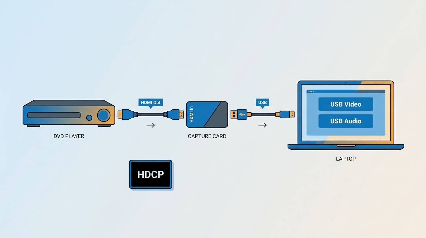 DVD player HDMI output routed through a capture card to a laptop viewing app