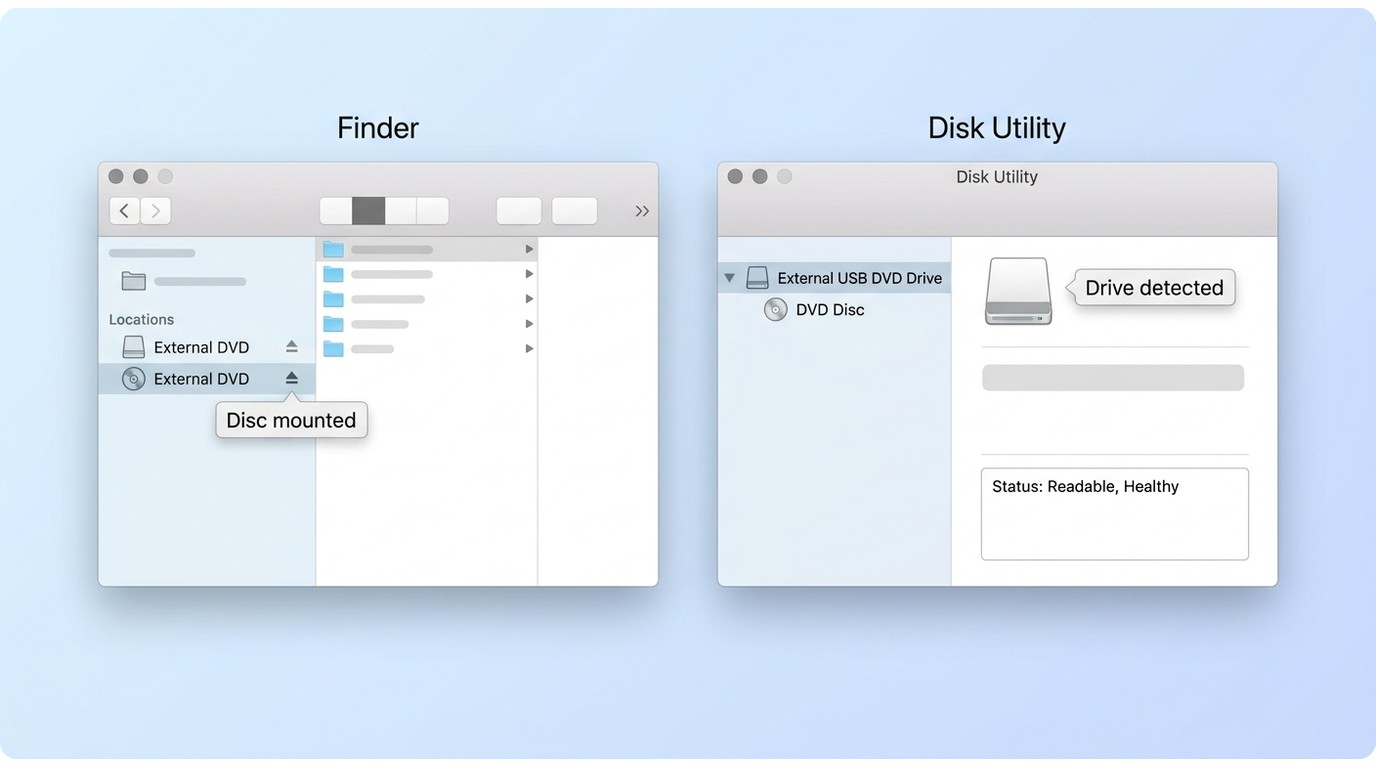 macOS Finder and Disk Utility checks for an external DVD drive and readable disc