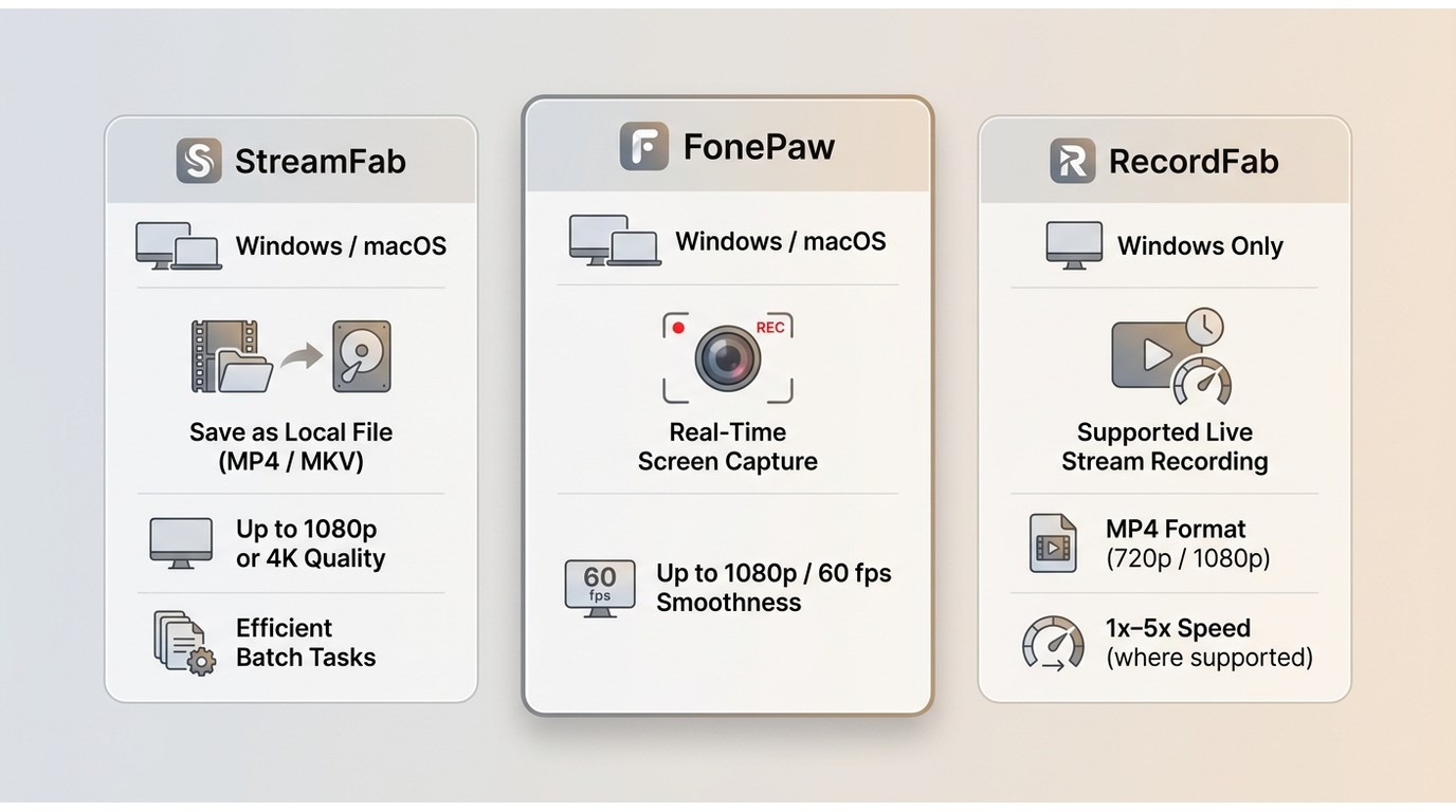 StreamFab, FonePaw, and RecordFab compared by workflow, OS, quality, output, and batch support