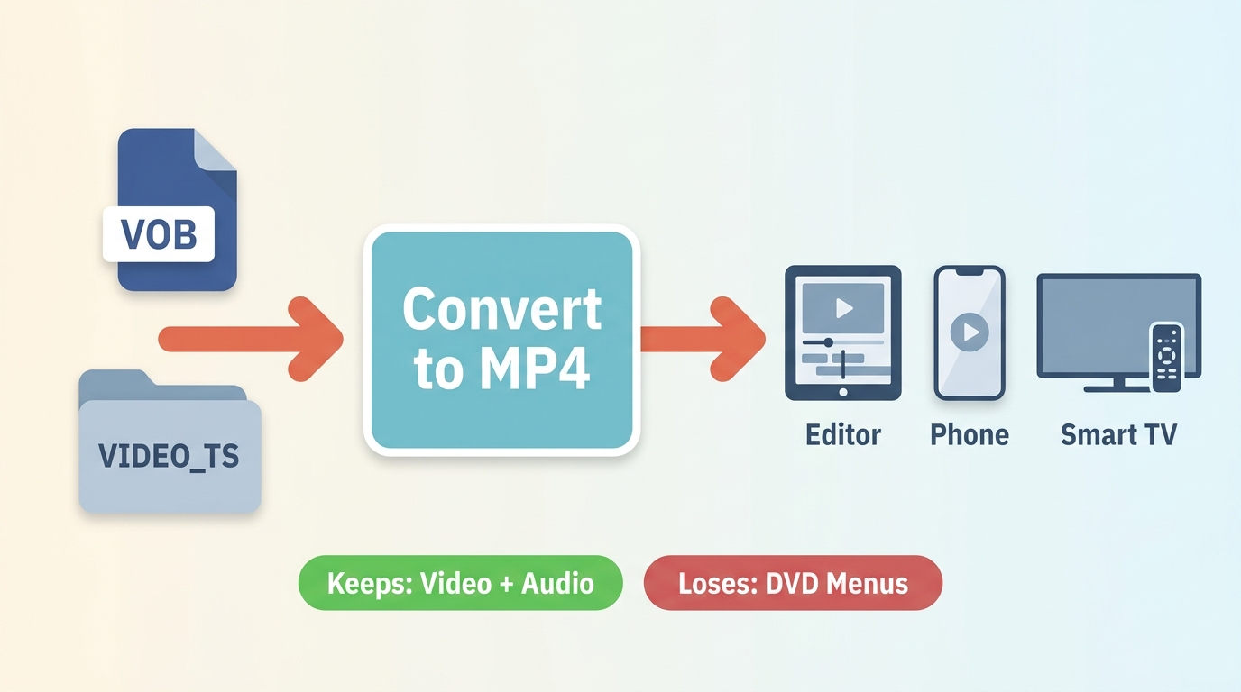 How VOB or VIDEO_TS becomes MP4 for editors, phones, and Smart TVs without DVD menus