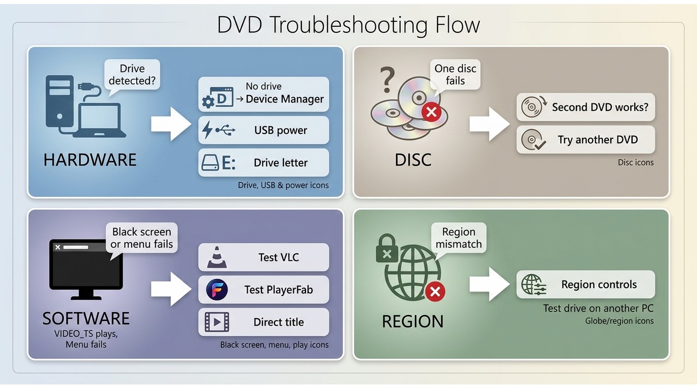 DVD troubleshooting path for Windows, VLC, PlayerFab, USB drives, menus, and regions