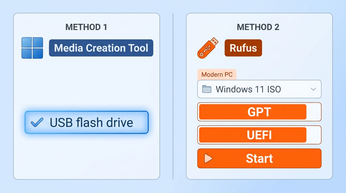 Media Creation Tool USB option and Rufus Windows 11 ISO settings for GPT and UEFI