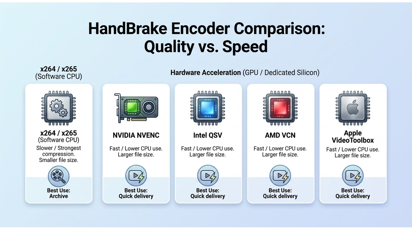 Comparison of HandBrake x264/x265, NVENC, QSV, AMD VCN, and VideoToolbox tradeoffs