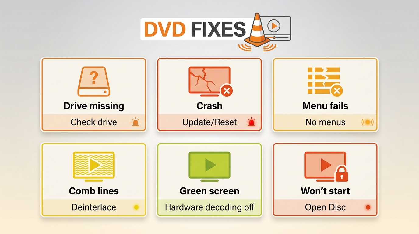 VLC DVD fixes for missing drives, crashes, menu failures, comb lines, and green screens
