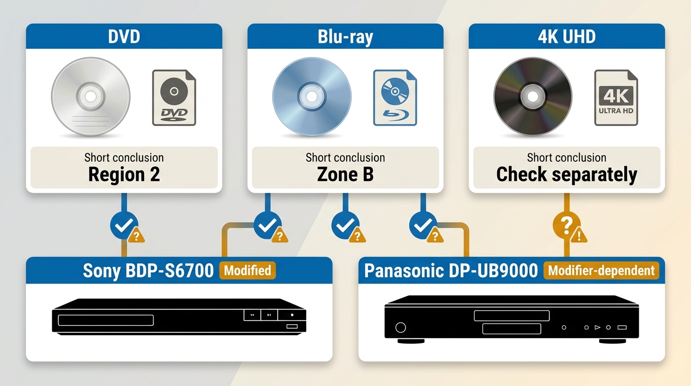 DVD, Blu-ray, and 4K UHD use separate region checks for imported discs
