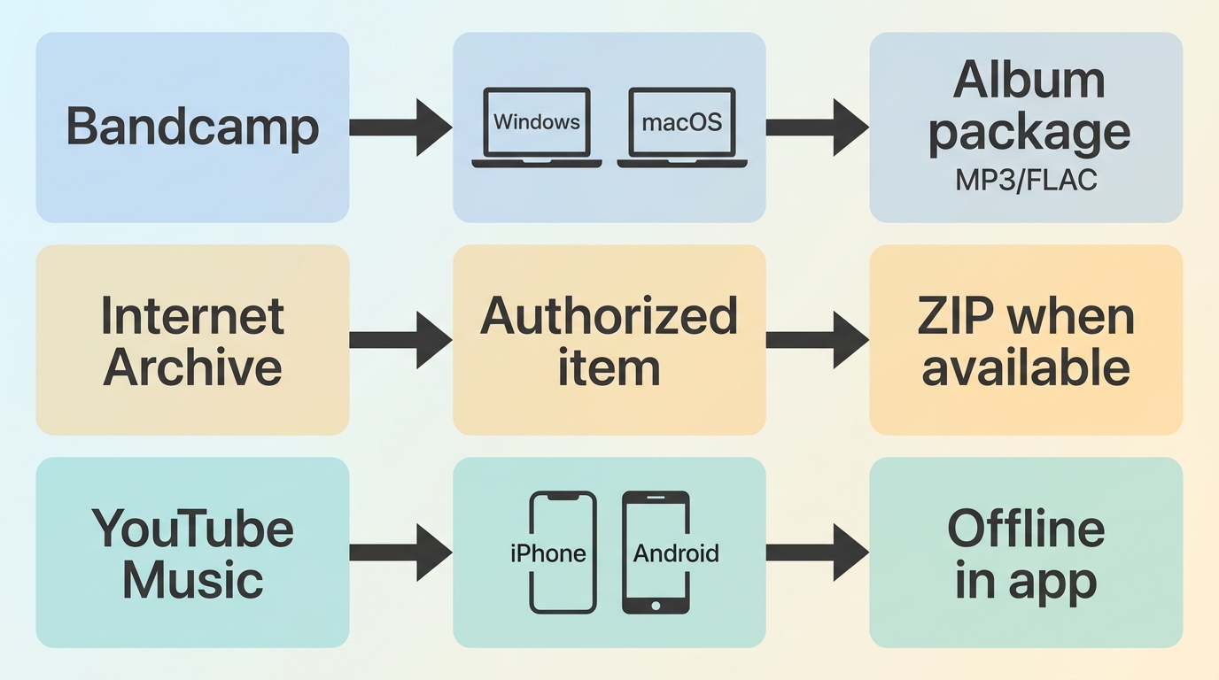 Bandcamp, Internet Archive, and YouTube Music workflows for local files, ZIP, and offline playback