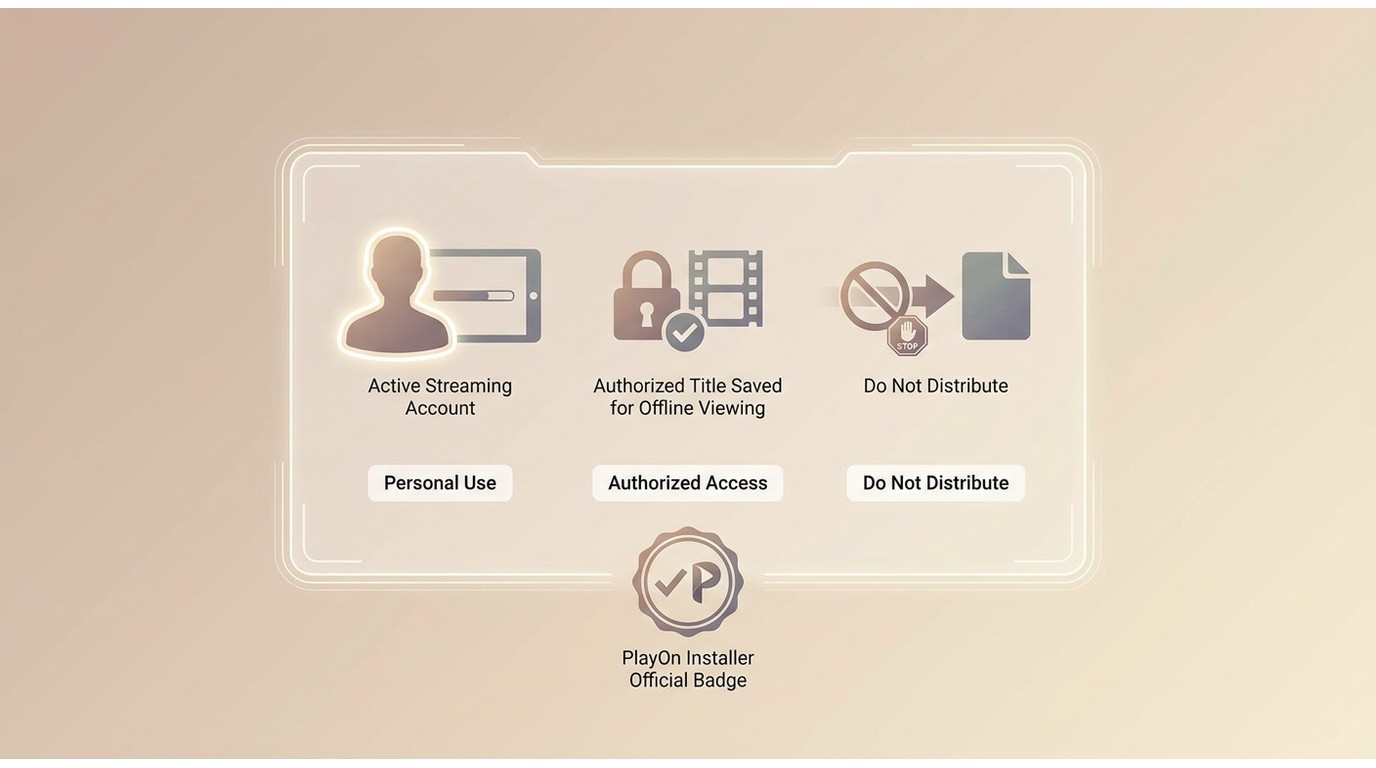 PlayOn personal-use recording requires authorized access and prohibits distributing saved files
