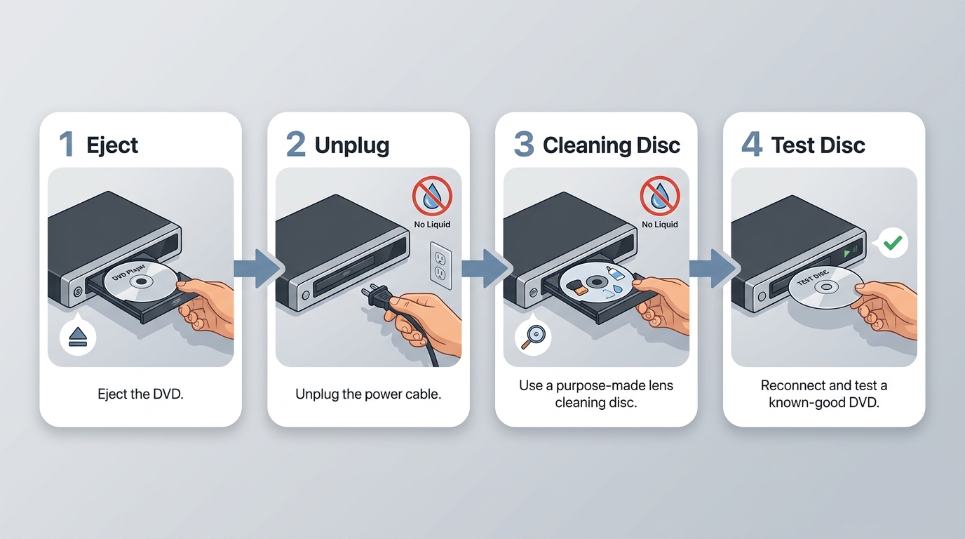 Safe DVD laser cleaning: unplug power, use an approved cleaning disc, and avoid liquid