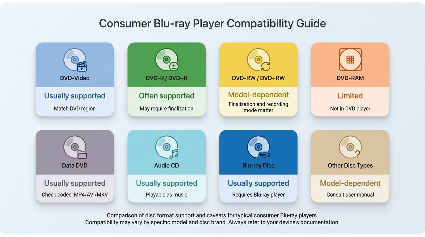 Blu-ray player support for DVD-Video, recordable DVDs, data DVDs, Audio CDs, and Blu-ray