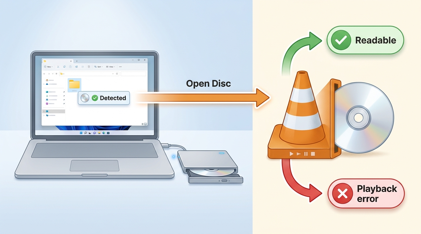 Windows 11 checks that separate external DVD drive detection from VLC playback