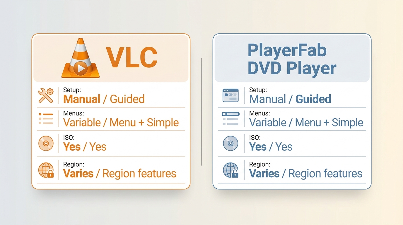 VLC and PlayerFab compared for DVD menus, ISO support, region handling, and setup