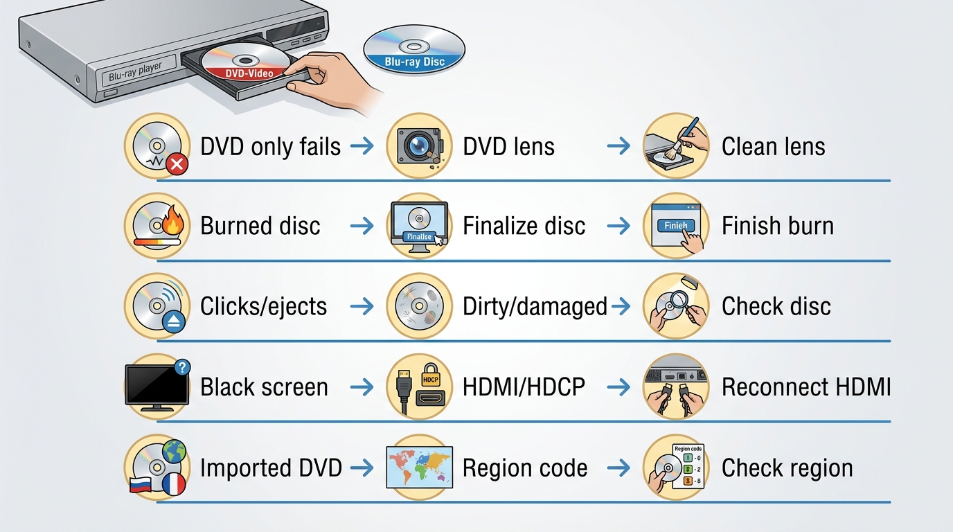 DVD playback troubleshooting by symptom, covering regions, finalization, damage, optics, and HDMI