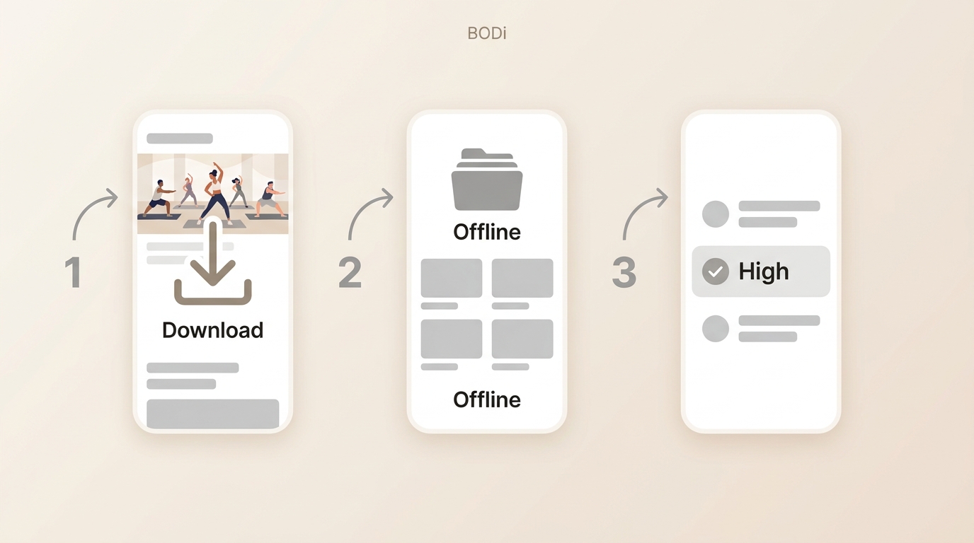 BODi app controls for downloading a workout and managing offline quality
