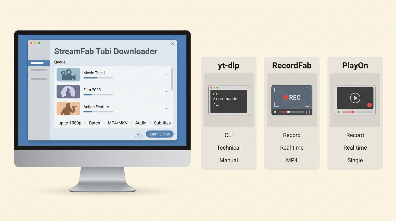 StreamFab Tubi Downloader with batch titles, 1080p MP4, audio, and subtitle settings.