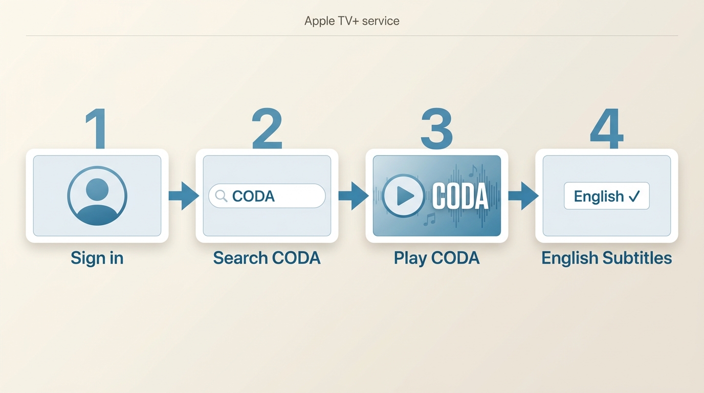 Apple TV+ steps to find CODA, select subtitles, and start playback