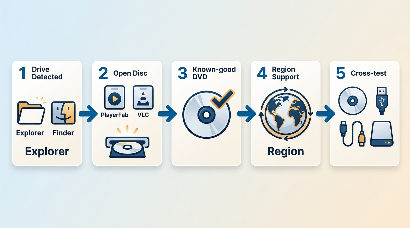 DVD troubleshooting flow using Windows, macOS, PlayerFab, VLC, and disc cross-tests