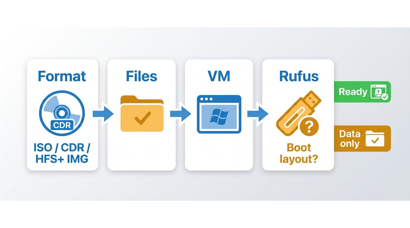How to verify ISO format, file access, VM recognition, and Rufus USB bootability